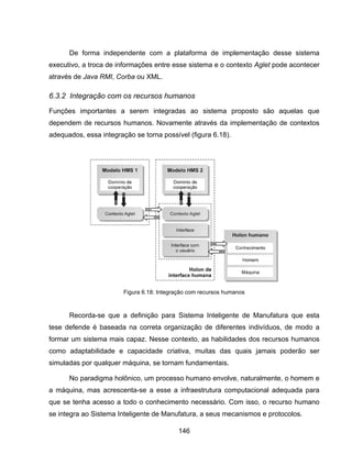 146
De forma independente com a plataforma de implementação desse sistema
executivo, a troca de informações entre esse sistema e o contexto Aglet pode acontecer
através de Java RMI, Corba ou XML.
6.3.2 Integração com os recursos humanos
Funções importantes a serem integradas ao sistema proposto são aquelas que
dependem de recursos humanos. Novamente através da implementação de contextos
adequados, essa integração se torna possível (figura 6.18).
Recorda-se que a definição para Sistema Inteligente de Manufatura que esta
tese defende é baseada na correta organização de diferentes indivíduos, de modo a
formar um sistema mais capaz. Nesse contexto, as habilidades dos recursos humanos
como adaptabilidade e capacidade criativa, muitas das quais jamais poderão ser
simuladas por qualquer máquina, se tornam fundamentais.
No paradigma holônico, um processo humano envolve, naturalmente, o homem e
a máquina, mas acrescenta-se a esse a infraestrutura computacional adequada para
que se tenha acesso a todo o conhecimento necessário. Com isso, o recurso humano
se integra ao Sistema Inteligente de Manufatura, a seus mecanismos e protocolos.
Figura 6.18: Integração com recursos humanos
 
