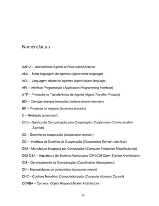 xi
Nomenclatura
AARIA – Autonomous Agents at Rock Island Arsenal
AML – Meta-linguagem de agentes (agent meta-language)
AOL – Linguagem objeto de agentes (agent object language)
API – Interface Programação (Application Programming Interface)
ATP – Protocolo de Transferência de Agente (Agent Transfer Protocol)
BDI – Crenças-desejos-intenções (believe-desire-intention)
BP – Processo de negócio (business process)
C – Restrição (constraint)
CCS – Serviço de Comunicação para Cooperação (Cooperation Communication
Service)
CD – Domínio de cooperação (cooperation domain)
CDI – Interface de Domínio de Cooperação (Cooperation Domain Interface)
CIM – Manufatura Integrada por Computador (Computer Integrated Manufacturing)
CIM-OSA – Arquitetura de Sistema Aberto para CIM (CIM Open System Architecture)
CM – Gerenciamento de Coordenação (Coordination Management)
CN – Necessidades do consumidor (consumer needs)
CNC – Controle Numérico Computadorizado (Computer Numeric Control)
CORBA – Common Object Request Broker Architecture
 