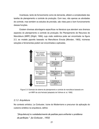 21
Incertezas, tanto de fornecimento como de demanda, afetam a complexidade das
tarefas de planejamento e controle da produção. Com isso, não apenas as atividades
de controle, mas também os estudos de previsão, são vitais para o bom funcionamento
dessas funções.
Existem diversas abordagens específicas na literatura que atendem aos diversos
aspectos do planejamento e controle da produção. Do Planejamento de Recursos de
Manufatura (MRP) [Wight, 1984], cuja visão sistêmica pode ser encontrada na figura
2.3, ao modelo japonês baseado na Manufatura Enxuta [Monden, 1983], inúmeras
soluções e ferramentas podem ser encontradas e aplicadas.
2.1.2 Arquitetura
No contexto artístico, Le Corbusier, ícone do Modernismo e precursor da aplicação do
cubismo sintético na arquitetura, define:
“[Arquitetura] é o estabelecimento de padrões para enfrentar o problema
da perfeição.” [Le Corbusier , 1923]
Figura 2.3: Exemplo de sistema de planejamento e controle de manufatura baseado em
um MRP de ciclo fechado [adaptado de Vollman et. al, 1990]
 