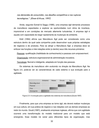 32
nas demandas do consumidor, nos desafios competitivos e nas rupturas
tecnológicas.” [Owen & Kruse, 1997]
Ainda, segundo Esmail & Saggu (1996), uma empresa ágil demanda processos
de manufatura capacitados a explorar as oportunidades num clima de incerteza,
imprevisível e em condições de mercado altamente turbulentas. A empresa ágil é
aquela com capacidade de reagir rapidamente às mudanças de ambiente.
Kidd (1994) afirma que Manufatura Ágil pode ser considerada como uma
estrutura dentro da qual cada companhia pode desenvolver suas próprias estratégias
de negócios e de produtos. Para se atingir a Manufatura Ágil, a empresa deve se
enfocar nas funções e inter-relações entre (e dentre) seus três recursos primários:
Pessoas: qualificação (habilidade de conhecimento) e pessoas com empowerment.
Organização: estrutura organizacional de administração inovadora.
Tecnologia: flexível e inteligente, adaptada em função das pessoas.
Os sistemas de manufatura vêm evoluindo na direção da Manufatura Ágil. Na
figura 2.5, pode-se ver as características de cada sistema e sua evolução para a
agilidade.
Finalmente, para que uma empresa se torne ágil, ela deverá realizar mudanças
em sua cultura, em sua prática de negócio e nas relações com as demais empresas ao
redor do mundo. Gould (1997), analisando empresas inglesas, afirma que com agilidade
ocorrerá uma transformação do modelo tradicional para um modelo que está
emergindo. Esse modelo irá variar para diferentes tipos de organização, mas
Figura 2.5: A evolução para a agilidade dos sistemas de manufatura [Gould,1997]
 