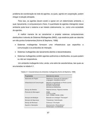 67
problema de coordenação da rede de agentes, os quais, agindo em cooperação, podem
chegar à solução almejada.
Para isso, os agentes devem existir e operar em um determinado ambiente, o
qual, tipicamente, é computacional e físico. A quantidade de agentes interagindo nesse
ambiente pode levar o sistema a ser tratado coletivamente, i.e., como uma sociedade
de agentes.
A melhor maneira de se caracterizar e projetar sistemas computacionais
distribuídos é através de Sistemas Multiagentes (MAS), cuja essência pode ser descrita
em três pontos fundamentais [Huhns & Stephens, 1999]:
Sistemas multiagentes fornecem uma infraestrutura que especifica a
comunicação e os protocolos de interação.
Sistemas multiagentes são tipicamente abertos e descentralizados.
Sistemas multiagentes contêm agentes autônomos e distribuídos, os quais podem
ou não ser cooperativos.
Um ambiente multiagente inclui, ainda, uma série de características, tais quais as
enumeradas na tabela 4.1.
Tabela 4.1: Características de ambientes multiagentes [Huhns & Stephens, 1999]
 