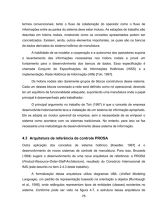 76
termos convencionais: tanto o fluxo de colaboração do operador como o fluxo de
informações entre as partes do sistema deve estar incluso. As estações de trabalho são
descritas em holons nodais, mostrando como os conceitos apresentados podem ser
concretizados. Existem, ainda, outros elementos importantes, os quais são os bancos
de dados derivados do sistema holônico de manufatura.
A habilidade de se modelar a cooperação e a autonomia dos operadores suporta
o levantamento das informações necessárias nos holons nodais e provê um
fundamento para o desenvolvimento dos bancos de dados. Essa especificação é
chamada Conjunto de Especificações de Informações Holônicas (HISS) e a
implementação, Rede Holônica de Informação (HIN) [Toh, 1997].
Os holons nodais são claramente grupos de blocos construtivos desse sistema.
Cada um desses blocos conectado a rede será definido como nó operacional, devendo
ter um equilíbrio de funcionalidade adequado, suportando uma manufatura onde o papel
principal é desempenhado pelo trabalhador.
O principal argumento no trabalho de Toh (1997) é que o conceito de empresa
desenvolvida holonicamente leva a instalação de um sistema de informação apropriado.
Ele se adapta ao modus operandi da empresa, sem a necessidade de se enrijecer o
sistema como acontece com os sistemas tradicionais. No entanto, para isso se faz
necessária uma metodologia de desenvolvimento desse sistema de informação.
4.3 Arquitetura de referência de controle PROSA
Outra aplicação dos conceitos de sistema holônico [Koestler, 1967] é o
desenvolvimento de novos sistemas de controle de manufatura. Para isso, Brussels
(1994) sugere o desenvolvimento de uma nova arquitetura de referência: a PROSA
(Product-Resource-Order-Staff-Architecture), resultado do Consórcio Internacional de
IMS (este descrito no item 2.4.3 deste trabalho).
A formalização dessa arquitetura utiliza diagramas UML (Unified Modeling
Language), um padrão de representação baseado na orientação a objetos [Rumbaugh
et al., 1998], onde retângulos representam tipos de entidades (classes) existentes no
sistema. Conforme pode ser visto na figura 4.7, a estrutura dessa arquitetura de
 