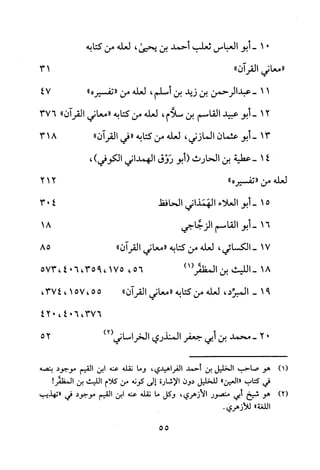 01-‫أبو‬‫العباس‬‫ثعلب‬‫أحمد‬‫بن‬‫يحيى‬،‫لعله‬‫من‬‫كتابه‬
"‫معاني‬‫القران‬"13
11-‫عبدالرحمن‬‫بن‬‫زيد‬‫بن‬‫أسلم‬،‫لعله‬‫من‬"‫تفسيره‬"74
12-‫أبو‬‫عبيد‬‫القاسم‬‫بن‬‫سلام‬،‫لعله‬‫من‬‫كتابه‬"‫معاني‬‫القران‬"376
13-‫أبو‬‫عثمان‬‫المازني‬،‫لعله‬‫من‬‫كتابه‬"‫في‬‫القران‬"318
41-‫عظية‬‫بن‬‫الحارث‬‫(أبو‬‫روق‬‫الهمداني‬‫الكوفي‬،)
‫لعله‬‫من‬"‫"تفسيره‬212
15-‫أبو‬‫العلاء‬‫الهمذاني‬‫الحافظ‬403
16-‫أبو‬‫القاسم‬‫الزجاجي‬81
17-‫الكسائي‬،‫لعله‬‫من‬‫كتابه‬"‫معاني‬‫القران‬"58
18-‫الليث‬‫بن‬)1(‫المظفر‬56.175،،935604573،
91-‫المبرد‬،‫لعله‬‫من‬‫كتابه‬"‫معاني‬‫القرآن‬"55،571،،374
،376604،024
)1(
)2(
02-‫محمد‬‫بن‬‫أبي‬‫جعفر‬‫المنذري‬‫الخراساني‬)2(52
‫هو‬‫صاحب‬‫الخليل‬‫بن‬‫أحمد‬‫الفراهيدي‬،‫وما‬‫نقله‬‫عنه‬‫ابن‬‫القيم‬‫موجود‬‫بنصه‬
‫في‬‫كتاب‬"‫"العين‬‫للخليل‬‫دون‬‫الاشارة‬‫إلى‬‫كونه‬‫من‬‫كلام‬‫الليث‬‫بن‬!‫المطفر‬
‫هو‬‫شيخ‬‫أبي‬‫منصور‬‫الازهري‬،‫وكل‬‫ما‬‫نقله‬‫عنه‬‫ابن‬‫لقيم‬‫موجود‬‫في‬‫"تهذيب‬
‫اللغة‬"‫للأزهري‬.
55
 