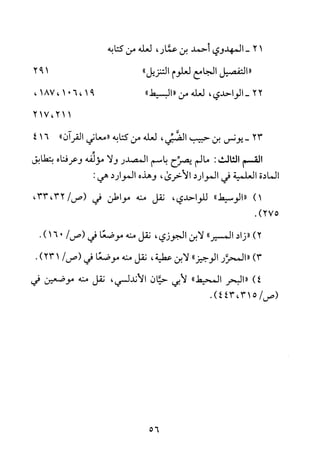 12-‫المهدوي‬‫أحمد‬‫بن‬‫عمار‬،‫لعله‬‫من‬‫كتابه‬
"‫التفصيل‬‫الجامع‬‫لعلوم‬‫التنزيل‬"192
22-‫الواحدي‬،‫لعله‬‫من‬"‫البسيط‬"91،601،187،
112،217
23-‫يونس‬‫بن‬‫حبيب‬‫الضبي‬،‫لعله‬‫من‬‫كتابه‬"‫معاني‬‫القران‬"416
‫القسم‬‫الثالث‬:‫مالم‬‫يصرح‬‫باسم‬‫المصدر‬‫ولا‬‫مؤلفه‬‫وعرفناه‬‫بتطابق‬
‫المادة‬‫العلمية‬‫في‬‫الموارد‬‫الأخرى‬،‫وهذه‬‫الموارد‬:‫هي‬
)1"‫"الوسيط‬،‫للواحدي‬‫نقل‬‫منه‬‫مواطن‬‫في‬،32،33/‫(ص‬
.)275
)2‫"زاد‬"‫المسير‬‫لابن‬‫الجوزي‬،‫نقل‬‫منه‬‫موضعا‬‫في‬/‫(ص‬016).
)3"‫المحرر‬"‫الوجيز‬‫لابن‬‫عطية‬،‫نقل‬‫منه‬‫موضعا‬‫في‬/‫(ص‬)231.
)4‫"البحر‬‫المحيط‬"‫لابي‬‫حيان‬‫الاندلسي‬،‫نقل‬‫منه‬‫موضعين‬‫في‬
.)315،443/‫(ص‬
56
 