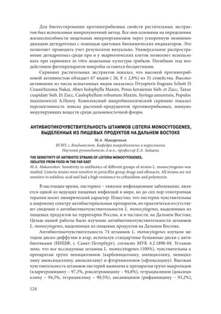 124
Для биотестирования противогрибковых свойств растительных экстрак-
тов был использован микролуночный метод. Все они основаны на определении
жизнеспособности модельных микроорганизмов через ускоренную энзимоин-
дикацию дегидрогеназ с помощью цветовых биохимических индикаторов. Это
позволяет проводить учет результатов визуально. Универсальное распростра-
нение дегидрогеназ среди про и у экариотических клеток позволяет использо-
вать при скрининге in vitro модельные культуры грибков. Погибшие под воз-
действием фитопрепаратов микробы остаются бесцветными.
Скрининг растительных экстрактов показал, что высокой противогриб-
ковой активностью обладает 67 видов ( 26, 8 ± 2,8%) из 31 семейства. Высоко-
активными из числа испытанных видов оказались Dryopteris fragrans Schott D.
Crassirhizoma Nakai, Abies holophylla Maxim, Pinus koraiensis Sieb. et Zucc, Taxus
cuspidate Sieb. Et Zucc, Caulophyllum robustum Maxim, Syringa amurensis, Populus
maximowiczii A.Henry. Комплексный микробиологический скрининг показал
перспективность поиска растений-продуцентов противогрибковых, иммуно-
модулирующих веществ среди дальневосточной флоры.
АНТИБИОТИКОЧУВСТВИТЕЛЬНОСТЬ ШТАММОВ LISTERIA MONOCYTOGENES,
ВЫДЕЛЕННЫХ ИЗ ПИЩЕВЫХ ПРОДУКТОВ НА ДАЛЬНЕМ ВОСТОКЕ
М.А. Макаренков
ВГМУ, г. Владивосток. Кафедра микробиологии и вирусологии
Научный руководитель: д.м.н., профессор Е.А. Зайцева
THE SENSITIVITY OF ANTIBIOTIC STRAINS OF LISTERIA MONOCYTOGENES,
ISOLATED FROM FOOD IN THE FAR EAST
M.A. Makarenkov. Sensitivity to antibiotics of different groups of strains L. monocytogenes was
studied. Listeria strains were sensitive to penicillin group drugs and ofloxacin. All strains are not
sensitive to nalidixic acid and had a high resistance to ceftazidime and polymyxin.
В настоящее время, листериоз – тяжелое инфекционное заболевание, явля-
ется одной из ведущих пищевых инфекций в мире, но до сих пор этиотропная
терапия носит эмпирический характер. Известно, что листерии чувствительны
к широкому спектру антибактериальных препаратов, но практически отсутству-
ют сведения о антибиотикочувствительности L. monocytogenes, выделенных из
пищевых продуктов на территории России, и в частности, на Дальнем Востоке.
Целью нашей работы было изучение антибиотикочувствительности штаммов
L. monocytogenes, выделенных из пищевых продуктов на Дальнем Востоке.
Антибиотикочувствительность 74 штаммов L. monocytogenes изучали ме-
тодом диско-диффузии в агар, используя стандартные бумажные диски с анти-
биотиками (НИЦФ, г. Санкт-Петербург), согласно МУК 4.2.1890-04. Установ-
лено, что все исследуемые штаммы L. monocytogenes (100%), чувствительны к
препаратам групп пенициллинов (карбенициллину, ампициллину, пеницил-
лину амоксициллину, амоксиклаву) и фторхинолонов (офлоксацину). Высокая
чувствительность штаммов листерий выявлена к препаратам групп макролидов
(кларитромицину – 97,3%, рокситромицину – 94,8%), тетрациклинов (доксици-
клину – 94,5%, тетрациклину – 90,5%), ансамицинов (рифампицину – 93,2%),
Copyright ОАО «ЦКБ «БИБКОМ» & ООО «Aгентство Kнига-Cервис»
 