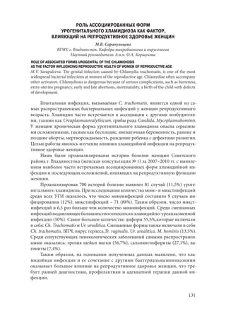 131
РОЛЬ АССОЦИИРОВАННЫХ ФОРМ
УРОГЕНИТАЛЬНОГО ХЛАМИДИОЗА КАК ФАКТОР,
ВЛИЯЮЩИЙ НА РЕПРОДУКТИВНОЕ ЗДОРОВЬЕ ЖЕНЩИН
М.В. Сарапульцева
ВГМУ, г. Владивосток. Кафедра микробиологии и вирусологии
Научный руководитель: д.м.н. О.А. Коршукова
ROLE OF ASSOCIATED FORMS UROGENITAL OF THE CHLAMIDIOSIS
AS THE FACTOR INFLUENCING REPRODUCTIVE HEALTH OF WOMEN OF REPRODUCTIVE AGE
M.V. Sarapulceva. The genital infection caused by Chlamydia trachomatis, is one of the most
widespread bacterial infections at women of the reproductive age. Chlamydiae often accompany
other activators. Chlamydiosis is dangerous because of serious complications, such as barreness,
extra-uterine pregnancy, early and late abortions, mortinatality, a birth of the child with defects
of development.
Генитальная инфекция, вызываемая С. trachomatis, является одной из са-
мых распространенных бактериальных инфекций у женщин репродуктивного
возраста. Хламидии часто встречаются в ассоциации с другими возбудителя-
ми, такими как Ureaplasmaurealythicum, грибы рода Candida, Mycoplasmahominis.
У женщин хроническая форма урогенитального хламидиоза опасна серьезны-
ми осложнениями, такими как бесплодие, внематочная беременность, ранние и
поздние аборты, мертворождаемость, рождение ребенка с дефектами развития.
Целью работы явилось изучение влияния хламидийной инфекции на репродук-
тивное здоровье женщин.
Нами были проанализированы истории болезни женщин Советского
района г. Владивостока (женская консультация № 1) за 2007–2010 гг. с выявле-
нием наиболее часто встречаемых ассоциированных форм хламидийной ин-
фекции и последующих осложнений, влияющих на репродуктивную функцию
женщин.
Проанализировав 700 историй болезни выявлен 81 случай (11,5%) уроге-
нитального хламидиоза. При исследовании количества моно- и микстинфекций
среди всех УГИ оказалось, что число моноинфекций составило 9 случаев ин-
фицирования (12%); микстинфекций – 71 (88%). Таким образом, число микст-
инфекций в 6,5 раз больше чем количество моноинфекций. Среди смешанных
инфекцийподавляющеебольшинствоотноситсякхламидийно-уреаплазменной
инфекции (50%). Самое большое количество диформ 55,5%,которые включали
в себя: Ch. Trachomatis и Ur. urealitica. Смешанные формы также включали в себя
Ch. trachomatis, ВПЧ, вирус герпеса,Tr. vaginalis, Ur. urealitica, M. hominis (13,5%).
Среди сопутствующих гинекологических заболеваний самыми распространен-
ными оказались: эрозия шейки матки (56,7%), сальпингоофориты (27,1%), ва-
гиниты (7,4%).
Таким образом, на основании полученных данных выявлено, что хла-
мидийная инфекция и ее сочетание с другими бактериальнымиинвазиями
оказывает большое влияние на репродуктивное здоровье женщин, что тре-
бует ранней диагностики, профилактики и адекватной терапии данной ин-
фекции.
Copyright ОАО «ЦКБ «БИБКОМ» & ООО «Aгентство Kнига-Cервис»
 