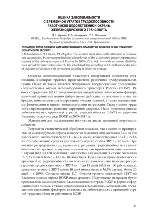 21
ОЦЕНКА ЗАБОЛЕВАЕМОСТИ
С ВРЕМЕННОЙ УТРАТОЙ ТРУДОСПОСОБНОСТИ
РАБОТНИКОВ ВЕДОМСТВЕННОЙ ОХРАНЫ
ЖЕЛЕЗНОДОРОЖНОГО ТРАНСПОРТА
Д.А. Кунст, Е.Б. Анищенко, П.Е. Жигалов
ВГМУ, г. Владивосток. Кафедра гигиенических специальностей ФПК и ППС
Научный руководитель: д.м.н. Л.В. Транковская
ESTIMATION OF THE SICKNESS RATE WITH PERMANENT DISABILITY OF WORKERS OF RAIL TRANSPORT
DEPARTMENTAL SECURITY
E.B.Anishchenko, D.A.Kunst, P.E.Zhigalov. The research work deals with estimation of sickness-
rate accompanied by permanent disability of employees of the Vladivostok group «Departmental
security of the railway transport of Russia» for 2009–2011. Sick-lists with permanent disability
have served the material for research. It is established that according to E.L.Notkina's scales level
of indicators of diseases with permanent disability is below the average.
Объекты железнодорожного транспорта обслуживает множество орга-
низаций, в которых трудятся представители различных профессиональных
групп. Одной из таких является Федеральное государственное предприятие
«Ведомственная охрана железнодорожного транспорта России» (ВОХР). Ра-
бота сотрудников ВОХР сопровождается воздействием химического фактора,
аэрозолей преимущественно фиброгенного действия, интенсивного шума, ви-
брации, неблагоприятных микроклиматических условий, а также значительны-
ми физическими и нервно-эмоциональными нагрузками. Такие условия труда
могут провоцировать развитие нарушений здоровья. Нами проведена оценка
заболеваемости с временной утратой трудоспособности (ЗВУТ) сотрудников
Владивостокского отряда ВОХР за 2009–2011 гг.
Материалом для исследования послужили листы временной нетрудоспо-
собности.
Результаты статистической обработки показали, что в целом по предприя-
тию за анализируемый период количество болевших лиц составило 47,4 на сто
работающих, число случаев ЗВУТ – 60,2 в месяц, количество дней ЗВУТ – 722,6
на сто работающих, средняя длительность одного случая ЗВУТ – 12 дней. При
анализе распределения лиц, временно утративших трудоспособность в связи с
болезнью, по кратности случаев, определено, что преобладали лица, имевшие
1 случай (68,8 на 100 болевших); количество лиц имевших 2 случая составило
15,7; 3 случая и более – 15,5 на 100 болевших. При анализе продолжительности
временной нетрудоспособности по болезни установлено, что наиболее распро-
странена продолжительность ЗВУТ от 10 до 19 дней (42,5 на 100 работающих),
продолжительность ЗВУТ менее 10 дней имела место в 36,3% случаев, более 20
дней – в 20,9%. Согласно шкалы Е.Л. Ноткина уровень показателей ЗВУТ во
Владивостокском отряде ВОХР ниже среднего. Полученные материалы будут
представлены администрации Владивостокского отряда ВОХР в форме инфор-
мационного письма, а также использованы в дальнейшем исследовании, посвя-
щенном выявлению факторов, влияющих на заболеваемость с временной утра-
той трудоспособности работников ВОХР.
Copyright ОАО «ЦКБ «БИБКОМ» & ООО «Aгентство Kнига-Cервис»
 