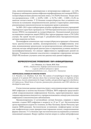 51
гина, менингококковая, аденовирусная и энтеровирусная инфекции – по 2,6%.
В процессе наблюдения данная инфекция верифицирована постановкой РНГА с
псевдотуберкулезным диагностикумом лишь у 14 (36,8%) больных. Титры анти-
тел распределились: 1:100 – у 42,9%; 1:200 – у 35,7%; 1:400 – 1:1600 у 21,4% па-
циентов соответственно. У 22 больных псевдотуберкулез был установлен кли-
нически на основании эпидемиологических данных и характерных симптомов,
рекомендовано иммунологическое исследование крови в динамике.
За 2005–2011 годы в лабораториях лечебно-профилактических учреждений
Приморского края было проведено по 7329 бактериологических и иммунологи-
ческих (РНГА) исследований на псевдотуберкулез. Положительный результат
исследования сывороток людей (РНГА) был зарегистрирован лишь в 278 (3,8%)
случаев. Ни одной чистой культуры Y. pseudotuberculosis бактериологичеcким
методом выделено не было.
Полиморфизм клинических черт псевдотуберкулеза приводит к большому
числу диагностических ошибок, несвоевременному и неэффективному лече-
нию, возникновению хронических гастроэнтерологических заболеваний. Клас-
сические методы лабораторной диагностики в современных условиях являются
малоинформативными, что снижает эффективность верификации данной ин-
фекции. Усовершенствование классических и внедрение современных методов
(ПЦР-РВ) позволит улучшить качество диагностики данной инфекции.
МОРФОЛОГИЧЕСКИЕ ПРОЯВЛЕНИЯ У ВИЧ-ИНФИЦИРОВАННЫХ
А.А. Понажев, А.А. Хахам, Ю.К. Ким
ВГМУ, г. Владивосток. Кафедра патологической анатомии
с курсом судебной медицины и права
Научный руководитель: к.м.н., доцент В.С. Тимошенко
MORPHOLOGICAL CHANGES HIV-INFECTED PATIENTS
A.A. Ponazhev, A.A. Khakham, Yu.K. Kim. The analysis of morphological changes by autopsy
research of 12 patients HIV-infection shows that in terminal stage there are depletion of lym-
phoid tissue, visceral contamination by fungis Candida, and generalized aggressive distribution
of Criptococcus. Mixed forms of mycosis, pneumocystics pneumonia and CMV-infection are
developed in some cases.
Статистические данные свидетельствуют о неуклонном возрастании в мире
ВИЧ-инфекции и количества больных СПИДом. ВИЧ-инфекция представляет
собой генерализованную инфекционную болезнь, характеризующуюся нарас-
тающим нарушением иммунитета с предрасположением к оппортунистическим
инфекциям и онкологическим заболеваниям.
Проанализированы 12 аутопсийных случаев больных, умерших в терми-
нальных стадиях ВИЧ-инфекции в возрасте от 23 до 57 лет. Гистологические
срезы окрашивали азуром II и эозином, по Мак-Коллюму, Цилю-Нильсену, про-
водили ШИК-реакцию. Гистологически установлено лимфоцитарное истоше-
ние лимфатических узлов, приоритетные поражения легких, генерализованные
формы микозов. У 4-х больных при гистологическом исследовании установлен
инвазивный кандидоз. Вокруг грибов отмечен некроз и слабая нейтрофильная
Copyright ОАО «ЦКБ «БИБКОМ» & ООО «Aгентство Kнига-Cервис»
 