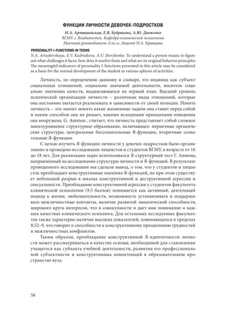 58
ФУНКЦИИ ЛИЧНОСТИ ДЕВОЧЕК-ПОДРОСТКОВ
Н.А. Артюшевская, Е.В. Кудрякова, А.Ю. Довженко
ВГМУ, г. Владивосток. Кафедра клинической психологии
Научный руководитель: д.пс.н., доцент Н.А. Кравцова
PERSONALITY I-FUNCTIONS IN TEENS
N.A. Artushevskaya, E.V. Kudriakova, A.U. Dovzhenko. To understand a person means to figure
out what challenges it faces, how does it resolve them and what are its original behavior principles.
The meaningful indicators of personality I-functions presented in this article may be considered
as a basis for the normal development of the student in various spheres of activities.
Личность, по определению данному в словаре, это индивид как субъект
социальных отношений, социально значимой деятельности, носитель соци-
ально значимых качеств, выдвигающихся на первый план. Высший уровень
психической организации личности  – различные виды отношений, которые
она постоянно пытается реализовать в зависимости от своей позиции. Понять
личность – это значит понять какие жизненные задачи она ставит перед собой
и каким способом она их решает, какими исходными принципами поведения
она вооружена. G. Ammon , считает, что личность представляет собой сложное
многоуровневое структурное образование, включающее: первичные органиче-
ские структуры, центральные бессознательные Я-функции, вторичные созна-
тельные Я-функции.
С целью изучить Я-функции личности у девочек-подростков было органи-
зовано и проведено исследование лицеистов и студентов ВГМУ, в возрасте от 16
до 18 лет. Для реализации задач использовался Я-структурный тест Г. Аммона,
направленный на исследование структуры личности и Я-функций. В результате
проведенного исследования мы сделали вывод, о том, что у студентов и лицеи-
сток преобладают конструктивные значения Я-функций, но при этом существу-
ет небольшой разрыв в шкалах конструктивной и деструктивной агрессии и
сексуальности. Преобладание конструктивной агрессии у студентов факультета
клинической психологии (9,5 баллов) понимается как активный, деятельный
подход к жизни, любознательность, возможность устанавливать и поддержи-
вать межличностные контакты, наличие развитой эмпатической способности,
широкого круга интересов, что в совокупности и дает нам понимание о важ-
ных качествах клинического психолога. Для остальных исследуемых факульте-
тов также характерно наличие высоких показателей, изменяющихся в пределах
8,52–9, что говорит о способности к конструктивному преодолению трудностей
и межличностных конфликтов.
Таким образом, преобладание конструктивной Я-идентичности лично-
сти может рассматриваться в качестве основы, необходимой для становления
учащегося как субъекта учебной деятельности, развития его профессиональ-
ной субъектности и конструктивных компетенций в образовательном про-
странстве вуза.
Copyright ОАО «ЦКБ «БИБКОМ» & ООО «Aгентство Kнига-Cервис»
 