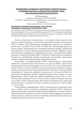 93
ВЗАИМОСВЯЗЬ АКТИВНОСТИ ЭКСПРЕССИИ ГЕМОКСИГЕНАЗЫ-1
С УРОВНЕМ АПОПТОЗА И НЕКРОЗА ГЕПАТОЦИТОВ У КРЫС
ПРИ НЕАЛКОГОЛЬНОМ СТЕАТОГЕПАТИТЕ
Н.В. Бивалькевич
Владивостокский филиал ФГБУ «ДНЦ ФПД»
СО РАМН – НИИ медицинской климатологии и восстановительного лечения,
г. Владивосток
Научный руководитель: к.б.н. Ю.К. Караман
RELATIONSHIP OF EXPRESSION HEME OXYGENASE-1 WITH APOPTOSIS
AND NECROSIS IN NONALCOHOLIC STEATOHEPATITIS IN RATS
N.V. Bivalkevich. Increased hepatocyte apoptosis and necrosis in high-fat diet–induced nonalco-
holic steatohepatitis in rats is associated with elevated level TNF-α. Compensatory mechanism
opposing of hepatocyte cell death, is to intensify the heme oxygenase-1 expression, which inhib-
its apoptosis and maintains cellular homeostasis of the liver.
Изучена активность гемоксигеназы-1, количество апоптотических гепа-
тоцитов и уровень некроза в печени крыс при неалкогольном стеатогепатите
(НАСГ). Модель НАСГ формировали содержанием животных на высокожи-
ровой диете в течение 90 суток (Пат. № 2394281 Ru). Контрольную группу со-
ставили крысы, находившиеся на стандартном рационе вивария. Экспрессию
гемоксигеназы-1 изучали иммуногистохимическим методом (Millipore). Апоп-
тоз гепатоцитов определяли на парафиновых срезах с использованием набора
реактивов «ApopTag Peroxidase ISOL» (Chemicon). Некротическую активность
измеряли по соотношению площади занимаемой гепатоцитами с признаками
некроза к общей исследуемой площади паренхимы печени.
Установлено, что формирование НАСГ сопровождается повышением
количества апоптотических гепатоцитов в 3,2 раза (р<0,001), увеличением
площади некротически-измененных клеток печени в 2,7 раза, возрастанием
уровня TNF-α в 27,6 раза (р<0,001) относительно группы контроля. Площадь
экспрессии гемоксигеназы-1 при развитии НАСГ возросла в 2,4 раза (р<0,001),
интенсивность экспрессии фермента увеличилась в 1,04 раза (р<0,001) от-
носительно контрольной группы. Корреляционный анализ показал, что при
формировании НАСГ существует прямая взаимосвязь между TNF-α с коли-
чеством апоптотических клеток (r=0,45; p<0,05) и уровнем некроза гепатоци-
тов (r=0,65; р<0,05), отрицательная связь между интенсивностью экспрессии
гемоксигеназы-1 с уровнем апоптоза и некроза гепатоцитов (r=–0,67; p<0,05;
r=–0,75, p<0,05).
Таким образом, формирование НАСГ сопровождается индукцией апоп-
тоза и некроза клеток вследствие увеличения выработки TNF-α. Компенса-
торным механизмом, противостоящим программируемой клеточной гибели и
некротической деструкции гепатоцитов, является интенсификация экспрессии
гемоксигеназы-1, которая участвует в угнетении апоптотических процессов и
сохранении клеточного гомеостаза печени.
Copyright ОАО «ЦКБ «БИБКОМ» & ООО «Aгентство Kнига-Cервис»
 