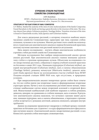 94
СТРОЕНИЕ СТЕБЛЯ РАСТЕНИЙ
СЕМЕЙСТВА СЛОЖНОЦВЕТНЫЕ
А.Ф. Бильдина
ВГМУ, г. Владивосток. Кафедра биологии, ботаники и экологии
Научный руководитель: к.б.н., доцент Л.А. Масленникова
STRUCTURE OF THE PLANT STEMS OF FAMILY COMPOSITAE
A.F. Bildina. Studied the anatomy of the stem of some medicinal plants of the family Compositae.
Found that plants in the family are having a great diversity in the structure of the stem. The struc-
ture sheaves have plants: Echinacea purpurea, Tussilago farfara. Transition structure of the stem
is found in Chamomilla recutita, Inula japonica and Cichorium intybus.
Для класса двудольных растений, к которому относится наиболее много-
численное семейство Сложноцветные, характерно три типа строения стебля:
сплошное, пучковое и не пучковое. Многие растения этого семейства использу-
ются студентами для анатомического анализа в период ботанической практики,
поэтому изучение анатомии этих растений является актуальным.
Цель нашего исследования – изучить общие анатомические особенности
строения стебля растений семейства Сложноцветные.
Методом исследования был выбран микроскопический анализ срезов
свежих растений. При анатомическом анализе главное внимание уделяли
типу стебля и строению проводящих пучков. Объектами исследования ста-
ли лекарственные растения, собранные в период учебной полевой практики
по ботанике в июне 2011 года. Эхинацею пурпурную (Cichorium intybus), ци-
корий внутритрубчатый (Cichorium intybus), мать и мачеху обыкновенную
(Tussilago farfara), ромашку непахучую (Matricaria inodora), девясил япон-
ский (Inula japonica) брали на коллекционном участке учебной базы ВГМУ
Плодово-ягодной станции НИИ РАН или, при отсутствии, в природных
условиях.
При микроскопическом анализе поперечных срезов стебля было отмече-
но, что все стебли имели уже вторичные ткани и сформированные вторичные
структуры органа. Пучки у всех исследованных растений имели мелкие, тонко-
стенные камбиальные клетки между вторичной ксилемой и вторичной флоэ-
мой. Межпучковый камбиальный слой наиболее выражен в стеблях ромашки,
девясила, цикория, по сравнению со стеблем эхинацеи, мать и мачехи. В резуль-
тате анатомического анализа выяснили, что пучковое строение имеют расте-
ния: эхинацея пурпурная, мать и мачеха обыкновенная, а переходное строение
стебля встречается у ромашки аптечной, девясила японского, цикория внутри-
трубчатого.
Данное исследование предполагает внедрение в учебный процесс полевой
практики по ботанике для студентов 1-го курса фармацевтического факультета
при изучении модуля «Анатомический анализ лекарственных растений» и осо-
бенностей строения стебля некоторых сложноцветных.
Copyright ОАО «ЦКБ «БИБКОМ» & ООО «Aгентство Kнига-Cервис»
 