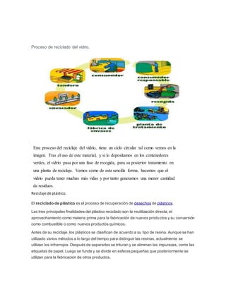 Proceso de reciclado del vidrio.
Este proceso del reciclaje del vidrio, tiene un ciclo circular tal como vemos en la
imagen. Tras el uso de este material, y si lo depositamos en los contenedores
verdes, el vidrio pasa por una fase de recogida, para su posterior tratamiento en
una planta de reciclaje. Vemos como de esta sencilla forma, hacemos que el
vidrio pueda tener muchas más vidas y por tanto generamos una menor cantidad
de residuos.
Reciclaje de plástico.
El reciclado de plástico es el proceso de recuperación de desechos de plásticos.
Las tres principales finalidades del plástico reciclado son la reutilización directa, el
aprovechamiento como materia prima para la fabricación de nuevos productos y su conversión
como combustible o como nuevos productos químicos.
Antes de su reciclaje, los plásticos se clasifican de acuerdo a su tipo de resina. Aunque se han
utilizado varios métodos a lo largo del tiempo para distinguir las resinas, actualmente se
utilizan los infrarrojos. Después de separarlos se trituran y se eliminan las impurezas, como las
etiquetas de papel. Luego se funde y se divide en esferas pequeñas que posteriormente se
utilizan para la fabricación de otros productos.
 