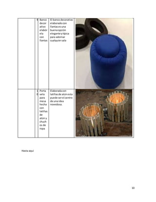 10
9 Banco
decor
ativo
elabór
ela
con
llantas
El banco decorativo
elaboradocon
llantasesuna
buenaopción
elegante ytípica
para adornar
cualquiersala
1
0
Porta
vela
para
mesa
hecha
con
latillas
de
atún y
chuch
os de
ropa
Elaboradacon
latillasde atúnesta
puede serel centro
de una idea
novedosa.
Hasta aqui
 