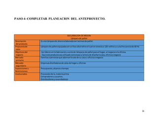 16
PASO 4: COMPLETAR PLANEACION DEL ANTEPROYECTO.
DECLARACION DE MISION
Lámpara de pallet
Descripción
del producto
Es una lámparade ahorroelaboradacon tarimasde pallet
Propuestade
valor
Lámpara de palletequipadaconunfoco ahorrativoel cual se conecta a 120 voltiosya unafrecuenciade 60 Hz
Objetivosdel
negocio
-Serlíderesenlafabricaciónyventade lámparasde palletparael hogar, el negocioola oficina.
- Que este productoseautilizadocomobase a lahora de diseñarlasala,oficinaonegocio
Mercado
primario
Familiasopersonasque adornanlasala de su casa u oficinaonegocio
Mercado
segundario
Empresasdiseñadorasde salasde hogaru oficinas
Suposiciones y
Restricciones
Presupuesto, alcance ytiempo.
Involucrados Proveedorde la,materiaprima
Compradoresyusuarios.
Distribuidoresyrevendedores
 
