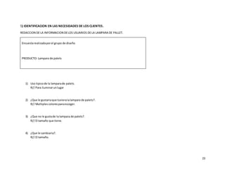 23
5) IDENTIFICACION EN LAS NECESIDADES DE LOS CLIENTES.
REDACCION DE LA INFORMACION DELOS USUARIOS DE LA LAMPARA DE PALLET.
Encuestarealizadaporel grupo de diseño
PRODUCTO: Lampara de palets
1) Uso tipicode la lamparade palets.
R// Para iluminarunlugar
2) ¿Que le gustariaque tuvieralalampara de palets?.
R// Multiplescoloresparaescoger.
3) ¿Que no le gustade lalampara de palets?.
R// El tamaño que tiene.
4) ¿Que le cambiaria?.
R// El tamaño.
 