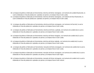 32
10. La lampara de pallets es fabricada con herramientas electricas de forma rectangular, con luminaria de candela fluorecente, la
cual es elaborada en linea de produccion sujetadas con pernos y la lampara lleva el color caoba.
11. La lampara de pallets es fabricada con herramientas electricas de forma rectangular, con luminaria de foco fluorecente, la
cual es elaborada en linea de produccion sujetadas con pernos y la lampara lleva el color caoba.
12. La lampara de pallets es fabricada con herramientas electricas de forma rectangular, con luminaria de foco led, la cual es
elaborada en linea de produccion sujetadas con pernos y la lampara lleva el color caoba.
13. La lampara de pallets es fabricada con herramientas electricas de forma cuadrada, con luminaria de candela led, la cual es
elaborada en linea de produccion sujetadas con pernos y la lampara lleva el color caoba.
14. La lampara de pallets es fabricada con herramientas electricas de forma triangular, con luminaria de candela led, la cual es
elaborada en linea de produccion sujetadas con pernos y la lampara lleva el color caoba.
15. La lampara de pallets es fabricada con herramientas electricas de forma redonda, con luminaria de candela led, la cual es
elaborada en linea de produccion sujetadas con pernos y la lampara lleva el color caoba.
16. La lampara de pallets es fabricada con herramientas manuales de forma rectangular, con luminaria de candela led, la cual es
elaborada en linea de produccion sujetadas con pernos y la lampara lleva el color caoba.
17. La lampara de pallets es fabricada con herramientas manuales de forma rectangular, con luminaria de candela led, la cual es
elaborada en linea de produccion sujetadas con pernos y la lampara lleva el color negro.
18. La lampara de pallets es fabricada con herramientas manuales de forma rectangular, con luminaria de candela led, la cual es
elaborada en linea de produccion sujetadas con pernos y la lampara lleva el color natural.
 