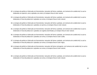 38
62. La lampara de pallets es fabricada con herramientas manuales de forma cuadrada, con luminaria de candela led, la cual es
elaborada con operario unico sujetadas con arnez y la lampara lleva el color natural.
63. La lampara de pallets es fabricada con herramientas manuales de forma cuadrada, con luminaria de candela led, la cual es
elaborada en linea de produccion sujetadas con arnez y la lampara lleva el color natural.
64. La lampara de pallets es fabricada con herramientas manuales de forma cuadrada, con luminaria de candela led, la cual es
elaborada en linea de produccion sujetadas con pernos y la lampara lleva el color natural.
65. La lampara de pallets es fabricada con herramientas manuales de forma cuadrada, con luminaria de candela led, la cual es
elaborada en linea de produccion sujetadas con argollaz atornilladas y la lampara lleva el color natural.
66. La lampara de pallets es fabricada con herramientas manuales de forma cuadrada, con luminaria de candela led, la cual es
elaborada en linea de produccion sujetadas con arnez y la lampara lleva el color caoba.
67. La lampara de pallets es fabricada con herramientas manuales de forma cuadrada, con luminaria de candela led, la cual es
elaborada en linea de produccion sujetadas con arnez y la lampara lleva el color negro.
68. La lampara de pallets es fabricada con herramientas manuales de forma rectangular, con luminaria de candela led, la cual es
elaborada en linea de produccion sujetadas con arnez y la lampara lleva el color natural.
69. La lampara de pallets es fabricada con herramientas manuales de forma cuadrada, con luminaria de candela led, la cual es
elaborada en linea de produccion sujetadas con arnez y la lampara lleva el color natural.
 