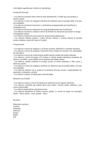 Actividades sugeridas por Ámbito de Aprendizaje
Formación Personal
- Los niños/as escuchan relato sobre la mala alimentación y el daño que esto produce a
nuestro cuerpo.
- Los niños/as a través de imágenes clasifican los alimentos que les produce daño y los que
son saludables.
- Los niños/as reconocen emociones y sentimientos protagonizados por la profesora y
compañeros (as).
- Los niños/as reconocen situaciones de riesgo protagonizados por la profesora.
- Los niños/as reconocen e indican a través de láminas las situaciones que ponen en riesgo
si integridad y pintan.
- Los niños/as realizan diversos ejercicios de psicomotricidad gruesa.
- Los niños/as deberán aceptar y acatar diversas órdenes y normas durante la jornada
escolar, dándose cuenta de lo que se les pide.
Comunicación
- Los niños/as a través de imágenes y en forma concreta, identifican y nominan alimentos.
- Los niños/as a través de imágenes estructuran frases simples de acuerdo a las capacidades
de cada niño/a.
- Los niños/as a través de cd discriminan auditivamente sonidos del medio ambiente.
- Los niños/as a través de juegos (123 momia es, Simón manda) identifican momentos de
silencio y de habla, como también en las distintas actividades diarias.
- Los niños/as cuando comienza la jornada escolar en forma autónoma y libre sacan y
observan cuentos.
- Los niños/as a través de imágenes clasifican los alimentos que les produce daño y los que
son saludables.
- Los niños/as realizan con la ayuda de la profesora diversas recetas, comprendiendo los
materiales y alimentos a utilizar.
- Los niños/as realizan el trabajo para el día del padre.
Relación con el medio
- Los niños/as conocen a través de láminas de donde provienen algunos alimentos.
- Los niños/as comentan que pueden hacer para cuidar a nuestro medio ambiente y que
cosas le hacen daño.
- Los niños/as pintan lámina del planeta tierra.
- Los niños/as identifican en forma concreta, grafica y a través de juegos los conceptos
dentro – fuera, mucho – poco, grande – chico.
Recursos:
Materiales escolares.
Cuentos.
Notebook.
Software.
Juegos.
Radio.
CD.
 