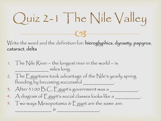 Quiz 2-1 The Nile Valley 
 
Write the word and the definition for: hieroglyphics, dynasty, papyrus, 
cataract, delta 
1. The Nile River – the longest river in the world – is 
____________ miles long. 
2. The Egyptians took advantage of the Nile’s yearly spring 
flooding by becoming successful ___________. 
3. After 3100 B.C, Egypt’s government was a __________. 
4. A diagram of Egypt’s social classes looks like a _________. 
5. Two ways Mesopotamia & Egypt are the same are: 
_____________ & _______________. 
 