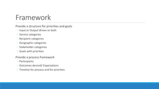 Framework
Provide a structure for priorities and goals
◦ Input or Output driven or both
◦ Service categories
◦ Recipient categories
◦ Geographic categories
◦ Stakeholder categories
◦ Goals with priorities
Provide a process framework
◦ Participants
◦ Outcomes desired/ Expectations
◦ Timeline for process and for priorities
 