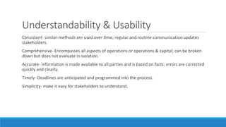 Understandability & Usability
Consistent- similar methods are used over time; regular and routine communication updates
stakeholders.
Comprehensive- Encompasses all aspects of operations or operations & capital; can be broken
down but does not evaluate in isolation.
Accurate- Information is made available to all parties and is based on facts; errors are corrected
quickly and clearly.
Timely- Deadlines are anticipated and programmed into the process.
Simplicity- make it easy for stakeholders to understand.
 