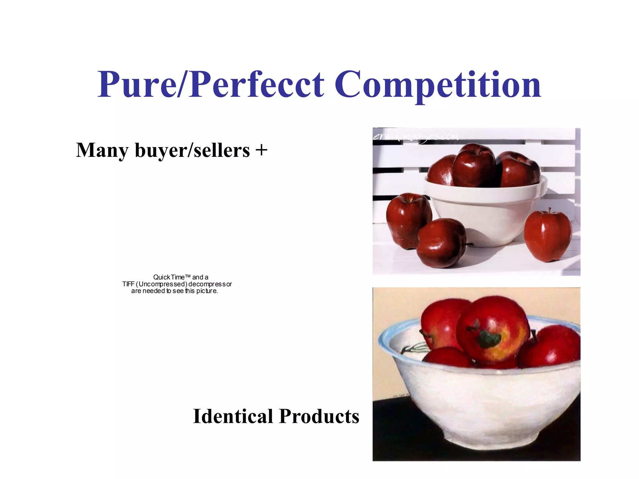 Pure/Perfecct Competition
Many buyer/sellers +
Identical Products
QuickTime™ and a
TIFF(Uncompressed) decompressor
are needed to see this picture.
 