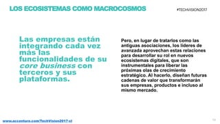 13www.accenture.com/TechVision2017-cl
Las empresas están
integrando cada vez
más las
funcionalidades de su
core business con
terceros y sus
plataformas.
Pero, en lugar de tratarlos como las
antiguas asociaciones, los líderes de
avanzada aprovechan estas relaciones
para desarrollar su rol en nuevos
ecosistemas digitales, que son
instrumentales para liberar las
próximas olas de crecimiento
estratégico. Al hacerlo, diseñan futuras
cadenas de valor que transformarán
sus empresas, productos e incluso al
mismo mercado.
LOS ECOSISTEMAS COMO MACROCOSMOS
 