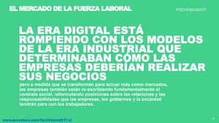 17www.accenture.com/TechVision2017-cl
EL MERCADO DE LA FUERZA LABORAL
pero a medida que se transforman para actuar más como mercados,
las empresas también están re-escribiendo fundamentalmente el
contrato social, reformulando posiciones sobre las relaciones y las
responsabilidades que las empresas, los gobiernos y la sociedad
tendrán para con los trabajadores.
 