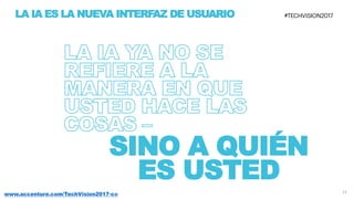 11www.accenture.com/TechVision2017-co
SINO A QUIÉN
ES USTED
LA IA ES LA NUEVA INTERFAZ DE USUARIO
 