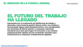 16www.accenture.com/TechVision2017-co
EL MERCADO DE LA FUERZA LABORAL
EL FUTURO DEL TRABAJO
HA LLEGADO
Impulsados por el surgimiento de plataformas de trabajo a
demanda y soluciones de gestión laboral online, los modelos y
las jerarquías legacy están desapareciendo y son reemplazados
por mercados de talento abierto. La empresa a demanda
resultante será clave para lograr la innovación y los cambios
organizacionales rápidos que las compañías necesitan para
transformarse en empresas verdaderamente digitales.
 
