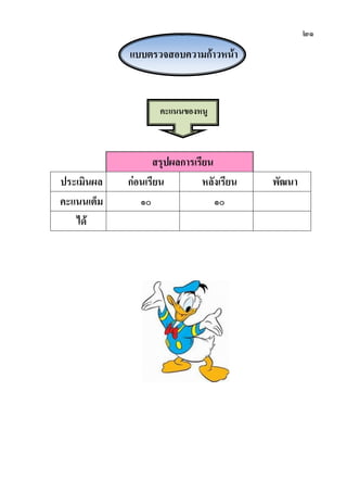 ๒๑
แบบตรวจสอบความก้าวหน้า
คะแนนของหนู
สรุปผลการเรียน
ประเมินผล ก่อนเรียน หลังเรียน พัฒนา
คะแนนเต็ม ๑๐ ๑๐
ได้
 