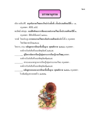 ๒๓
บรรณานุกรม
จริยา จงจิระศิริ. สนุกกับภาษาไทยแนวใหม่ ช่วงชั้นที่ ๑ ชั้นประถมศึกษาปีที่ ๑ – ๓.
กรุงเทพฯ : พีบีซี, มปป.
พรทิพย์ แฟงสุด. แบบฝึกทักษะการเขียนสะกดคาภาษาไทย ชั้นประถมศึกษาปีที่ ๓.
กรุงเทพฯ : ฟิสิกส์เซ็นเตอร์, ๒๕๔๐.
วรรณี โสมประยูร.การสอนภาษาไทยระดับประถมศึกษา.พิมพ์ครั้งที่ 4. กรุงเทพฯ:
ไทยวัฒนาพานิช,๒๕๔๔.
วิชาการ, กรม. หลักสูตรการศึกษาขั้นพื้นฐาน พุทธศักราช ๒๕๔๔. กรุงเทพฯ :
องค์การรับส่งสินค้าและพัสดุภัณฑ์, ๒๕๔๕.
_________. คู่มือการจัดการเรียนรู้กลุ่มสาระการเรียนรู้ภาษาไทย.กรุงเทพฯ:
องค์การรับส่งสินค้าและพัสดุภัณฑ์,๒๕๔๕.
_________. สาระและมาตรฐานการเรียนรู้กลุ่มสาระภาษาไทย. กรุงเทพฯ :
องค์การรับส่งสินค้าและพัสดุภัณฑ์,๒๕๔๕.
_________.หลักสูตรแกนกลางการศึกษาขั้นพื้นฐาน พุทธศักราช ๒๕๕๑. กรุงเทพฯ :
โรงพิมพ์คุรุสภาลาดพร้าว, ๒๕๕๒.
 