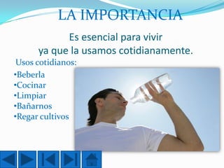 LA IMPORTANCIA
Es esencial para vivir
ya que la usamos cotidianamente.
Usos cotidianos:
•Beberla
•Cocinar
•Limpiar
•Bañarnos
•Regar cultivos

 