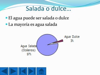 Salada o dulce…
 El agua puede ser salada o dulce
 La mayoría es agua salada

 