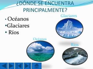 ¿DÓNDE SE ENCUENTRA
PRINCIPALMENTE?
Glaciares

• Océanos

•Glaciares
• Ríos
Océanos

Ríos

 