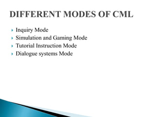  Inquiry Mode
 Simulation and Gaming Mode
 Tutorial Instruction Mode
 Dialogue systems Mode
 