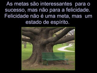 As metas são interessantes  para o sucesso, mas não para a felicidade.  Felicidade não é uma meta, mas  um estado de espírito.  