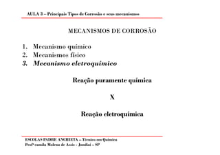 AULA 3 – Principais Tipos de Corrosão e seus mecanismos


                     MECANISMOS DE CORROSÃO

1. Mecanismo químico
2. Mecanismos físico
3. Mecanismo eletroquímico

                       Reação puramente química

                                         X

                           Reação eletroquímica


ESCOLAS PADRE ANCHIETA – Técnico em Química
Profa camila Molena de Assis - Jundiaí – SP
 