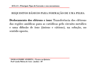 AULA 3 – Principais Tipos de Corrosão e seus mecanismos


 REQUISITOS BÁSICOS PARA FORMAÇÃO DE UMA PILHA

Deslocamento dos elétrons e íons: Transferência dos elétrons
das regiões anódicas para as catódicas pelo circuito metálico
e uma difusão de íons (ânions e cátions), na solução, no
sentido oposto.




ESCOLAS PADRE ANCHIETA – Técnico em Química
Profa camila Molena de Assis - Jundiaí – SP
 