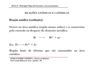 AULA 3 – Principais Tipos de Corrosão e seus mecanismos


                REAÇÕES ANÓDICAS E CATÓDICAS

Reação anódica (oxidação):

Ocorre na área anódica (região menos nobre) e se caracteriza
pela corrosão ou desgaste do elemento metálico.

                          M                  Mn+ + ne-

Ex: Fe           Fe2+ + 2e-

Região fonte de elétrons que são consumidos na área
catódica
ESCOLAS PADRE ANCHIETA – Técnico em Química
Profa camila Molena de Assis - Jundiaí – SP
 