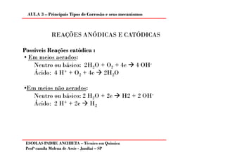 AULA 3 – Principais Tipos de Corrosão e seus mecanismos



            REAÇÕES ANÓDICAS E CATÓDICAS

Possíveis Reações catódica :
• Em meios aerados:
    Neutro ou básico: 2H2O + O2 + 4e                4 OH-
    Ácido: 4 H+ + O2 + 4e 2H2O

•Em meios não aerados:
   Neutro ou básico: 2 H2O + 2e                H2 + 2 OH-
   Ácido: 2 H+ + 2e H2




 ESCOLAS PADRE ANCHIETA – Técnico em Química
 Profa camila Molena de Assis - Jundiaí – SP
 