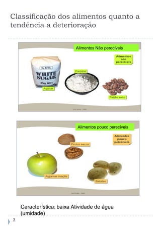 Classificação dos alimentos quanto a
tendência a deterioração


                           Alimentos Não perecíveis




                           Alimentos pouco perecíveis




    Característica: baixa Atividade de água
    (umidade)
3
 