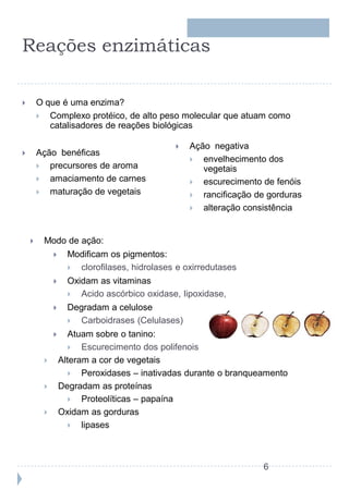Reações enzimáticas

       O que é uma enzima?
          Complexo protéico, de alto peso molecular que atuam como
           catalisadores de reações biológicas

                                                Ação negativa
       Ação benéficas
                                                   envelhecimento dos
          precursores de aroma                     vegetais
          amaciamento de carnes                   escurecimento de fenóis
          maturação de vegetais                   rancificação de gorduras
                                                   alteração consistência


        Modo de ação:
                  Modificam os pigmentos:
                    clorofilases, hidrolases e oxirredutases
                  Oxidam as vitaminas
                     Acido ascórbico oxidase, lipoxidase,
                  Degradam a celulose
                    Carboidrases (Celulases)
                   Atuam sobre o tanino:
                      Escurecimento dos polifenois
                Alteram a cor de vegetais
                      Peroxidases – inativadas durante o branqueamento
                Degradam as proteínas
                      Proteolíticas – papaína
                Oxidam as gorduras
                      lipases



                                                                  6
 