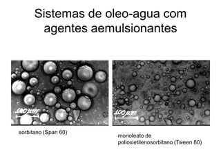 Sistemas de oleo-agua com
       agentes aemulsionantes




sorbitano (Span 60)
                      monoleato de
                      polioxietilenosorbitano (Tween 80)
 