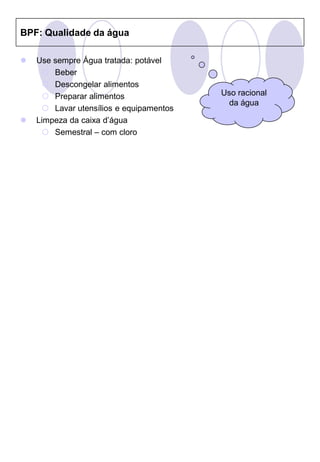 BPF: Qualidade da água

   Use sempre Água tratada: potável
      Beber
      Descongelar alimentos
      Preparar alimentos                Uso racional
                                           da água
      Lavar utensílios e equipamentos
   Limpeza da caixa d’água
      Semestral – com cloro
 