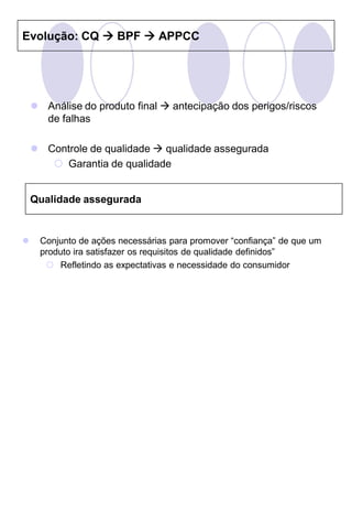 Evolução: CQ  BPF  APPCC




     Análise do produto final  antecipação dos perigos/riscos
      de falhas

     Controle de qualidade  qualidade assegurada
        Garantia de qualidade


    Qualidade assegurada


    Conjunto de ações necessárias para promover “confiança” de que um
     produto ira satisfazer os requisitos de qualidade definidos”
       Refletindo as expectativas e necessidade do consumidor
 