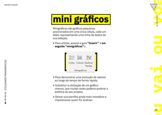 UTILIZANDO
MINIGRÁFICOS
Minigráficos são gráficos pequenos
posicionados em uma única célula, cada um
deles representando uma linha de dados da
sua seleção.
> Para utilizar, acesse a guia “Inserir” > em
seguida “minigráficos”::
> Para demonstrar uma evolução de valores
ao longo do tempo de forma rápida;
> Substituir a utilização de um gráfico
imenso, que muitas vezes poderia quebrar a
estética do seu projeto;
> Deixar sua planilha ainda mais inovadora e
impressionar quem for analisar.
mini gráficos
mini gráficos
26
ou
vai
ou
voa
escola Conquer
 