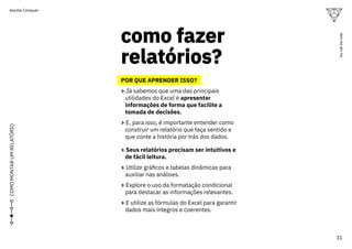 COMO
MONTAR
UM
RELATÓRIO
como fazer
relatórios?
como fazer
relatórios?
POR QUE APRENDER ISSO?
> Já sabemos que uma das principais
utilidades do Excel é apresentar
informações de forma que facilite a
tomada de decisões.
> E, para isso, é importante entender como
construir um relatório que faça sentido e
que conte a história por trás dos dados.
> Seus relatórios precisam ser intuitivos e
de fácil leitura.
> Utilize gráficos e tabelas dinâmicas para
auxiliar nas análises.
> Explore o uso da formatação condicional
para destacar as informações relevantes.
> E utilize as fórmulas do Excel para garantir
dados mais íntegros e coerentes.
31
ou
vai
ou
voa
escola Conquer
 