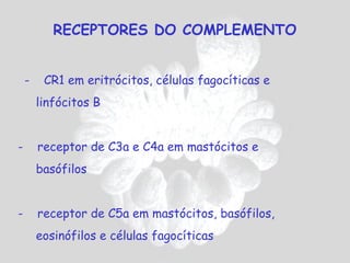 RECEPTORES DO COMPLEMENTO


    -    CR1 em eritrócitos, células fagocíticas e
        linfócitos B


-       receptor de C3a e C4a em mastócitos e
        basófilos


-       receptor de C5a em mastócitos, basófilos,
        eosinófilos e células fagocíticas
 