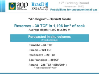 Reserves - 30 TCF in 1,196 km3 of rock
Average depth: 1,500 to 2,400 m
“Analogue”– Barnett Shale
Forecasted in situ volumes
(if valid analogue)
Parnaíba – 64 TCF
Parecis – 124 TCF
Recôncavo – 20 TCF
São Francisco – 80TCF
Paraná – 226 TCF* (EIA/2011)
* not endorsed by ANP
12th Bidding Round
(November 2013)
Possibilities for unconventional gas
 